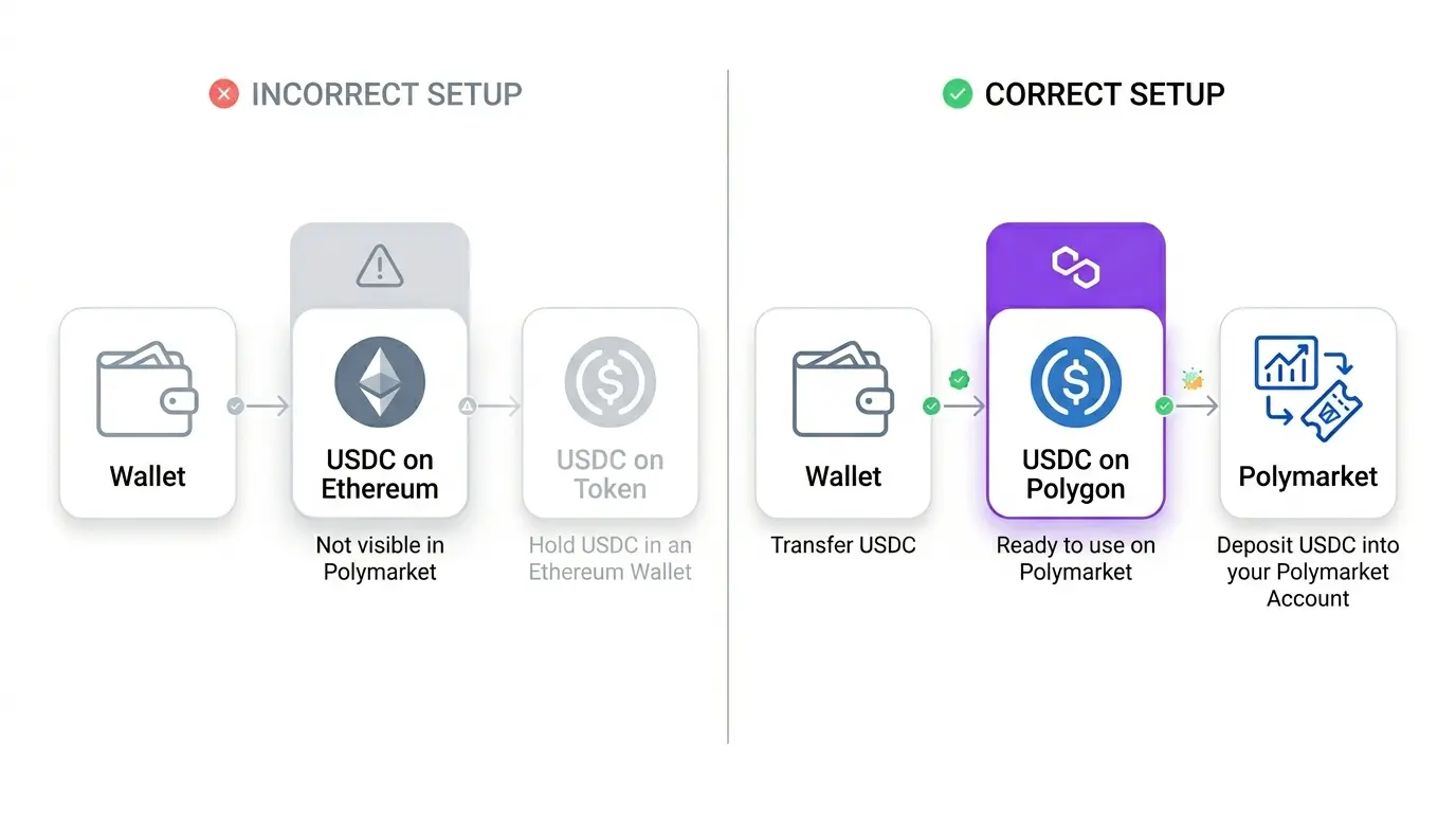 incorrect vs correct setup for Polymarket deposit
