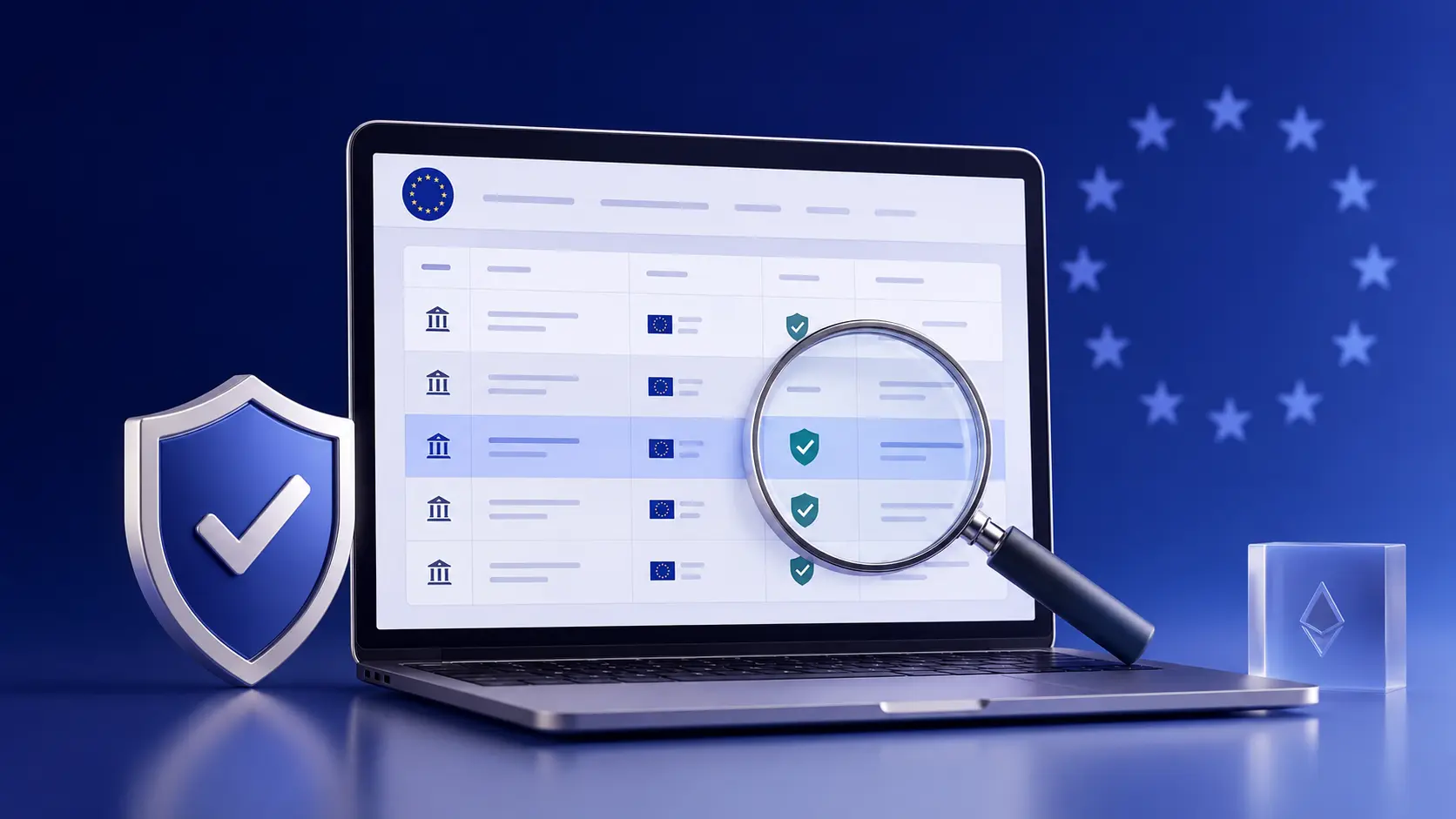 A magnifying glass checking a crypto exchange entry in an authorisation register