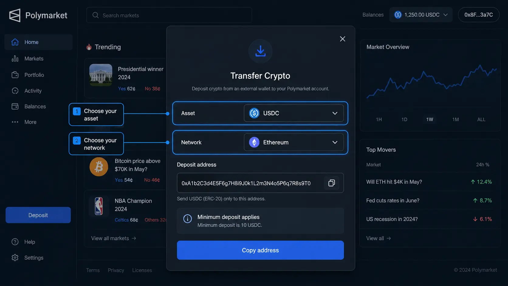 Polymarket Transfer Crypto screen showing the asset and network selectors